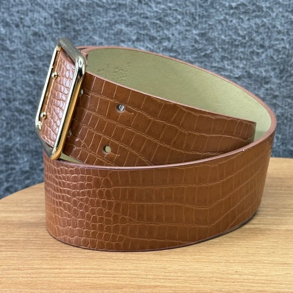 Target Womens Brown‎ Crocodile Embossed Faux Leather Belt Gold Buckle Size S